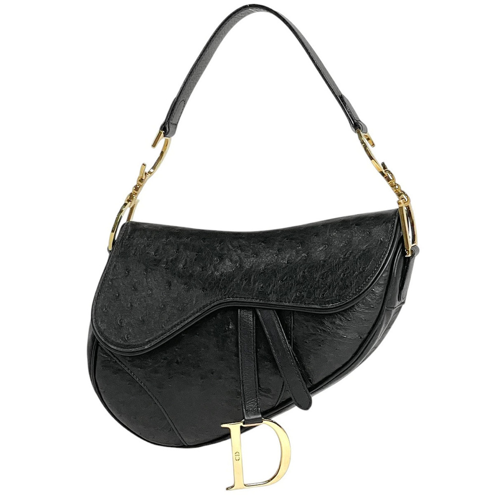 Christian Dior Saddle Bag Handbag Shoulder Ostrich Leather Black